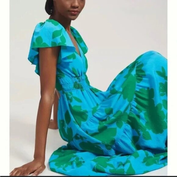 Anthropologie The Silverlake Flutter-Sleeve Dress with pockets in blue green XS - Picture 14 of 16